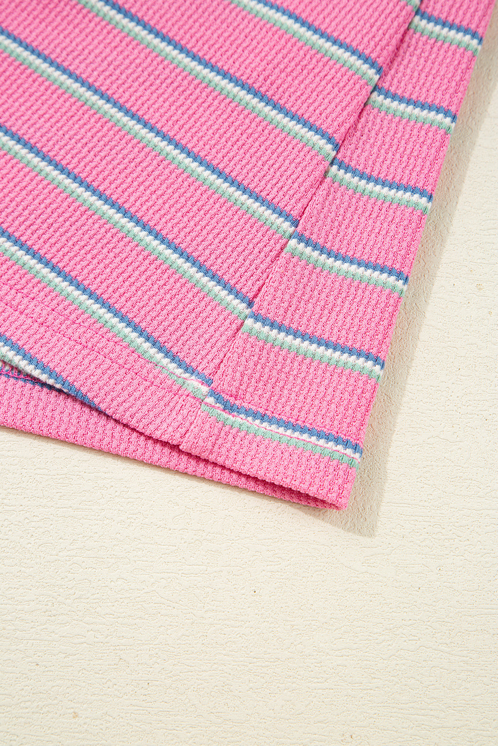 Rose Striped Textured Knit Puff Sleeve Round Neck Top