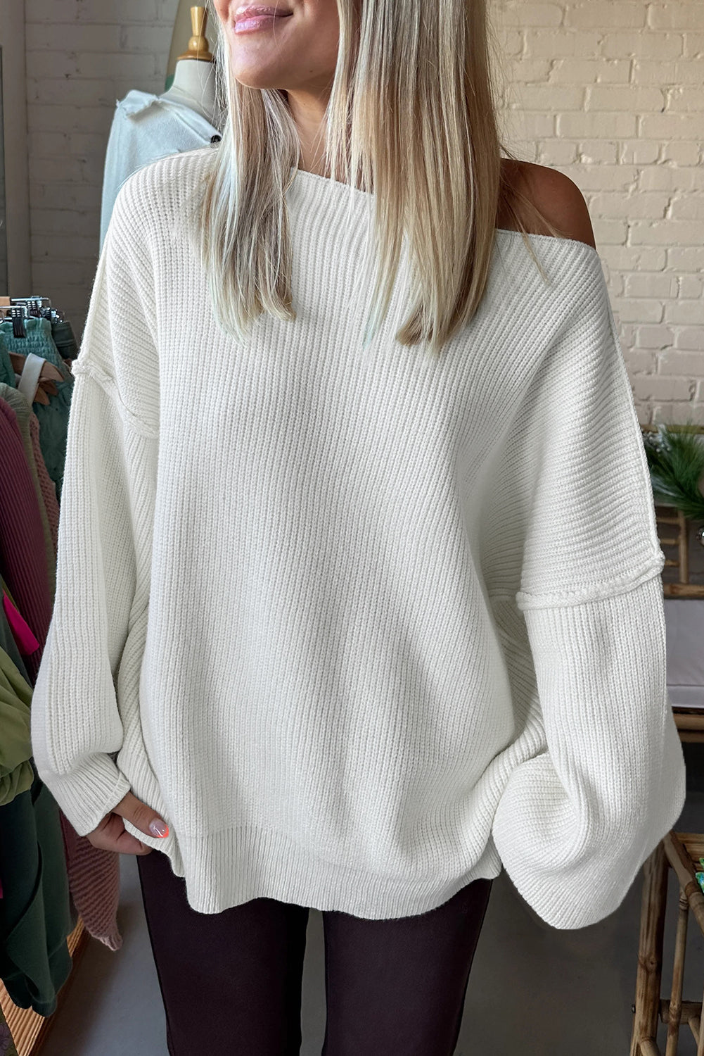 White Asymmetric Neck Drop Shoulder Baggy Slouchy Sweater