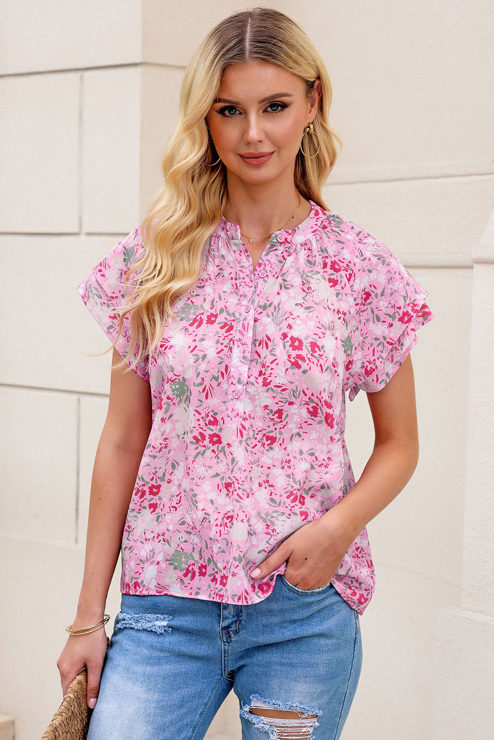 Pink Floral Button Notch Neck Ruffle Sleeve Blouse