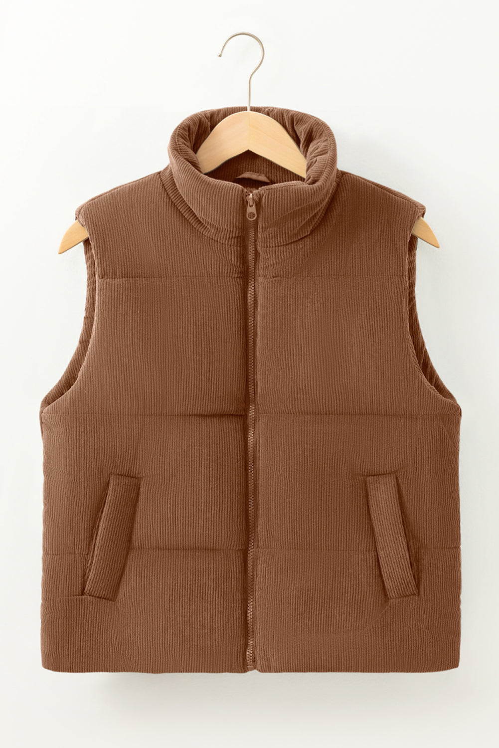 Beige Corduroy Stand Neck Zipped Puffer Vest