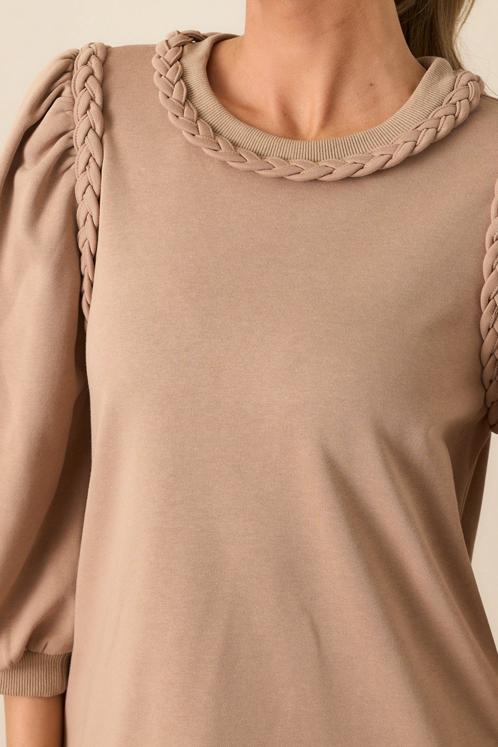 Light French Beige Twist Braided Embellished Puff Sleeve Dress