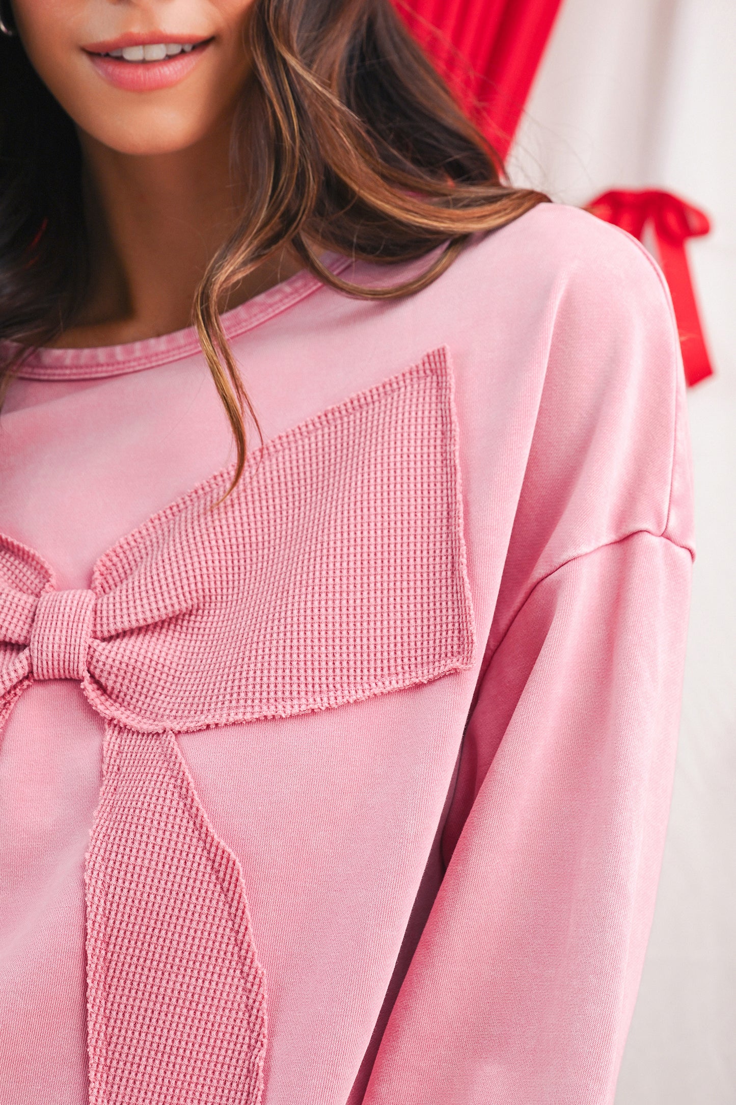 Orchid Bouquet Mineral Wash Waffle Bow Patched Pullover Sweatshirt