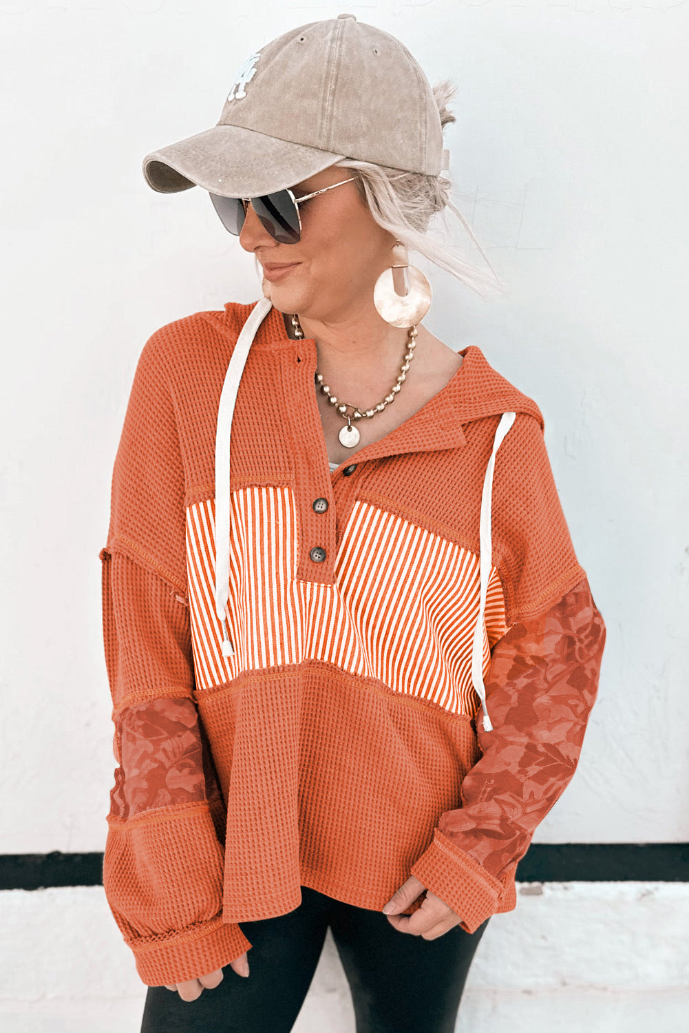 Gray Waffle Patchwork Drawstring Hooded Long Sleeve Top