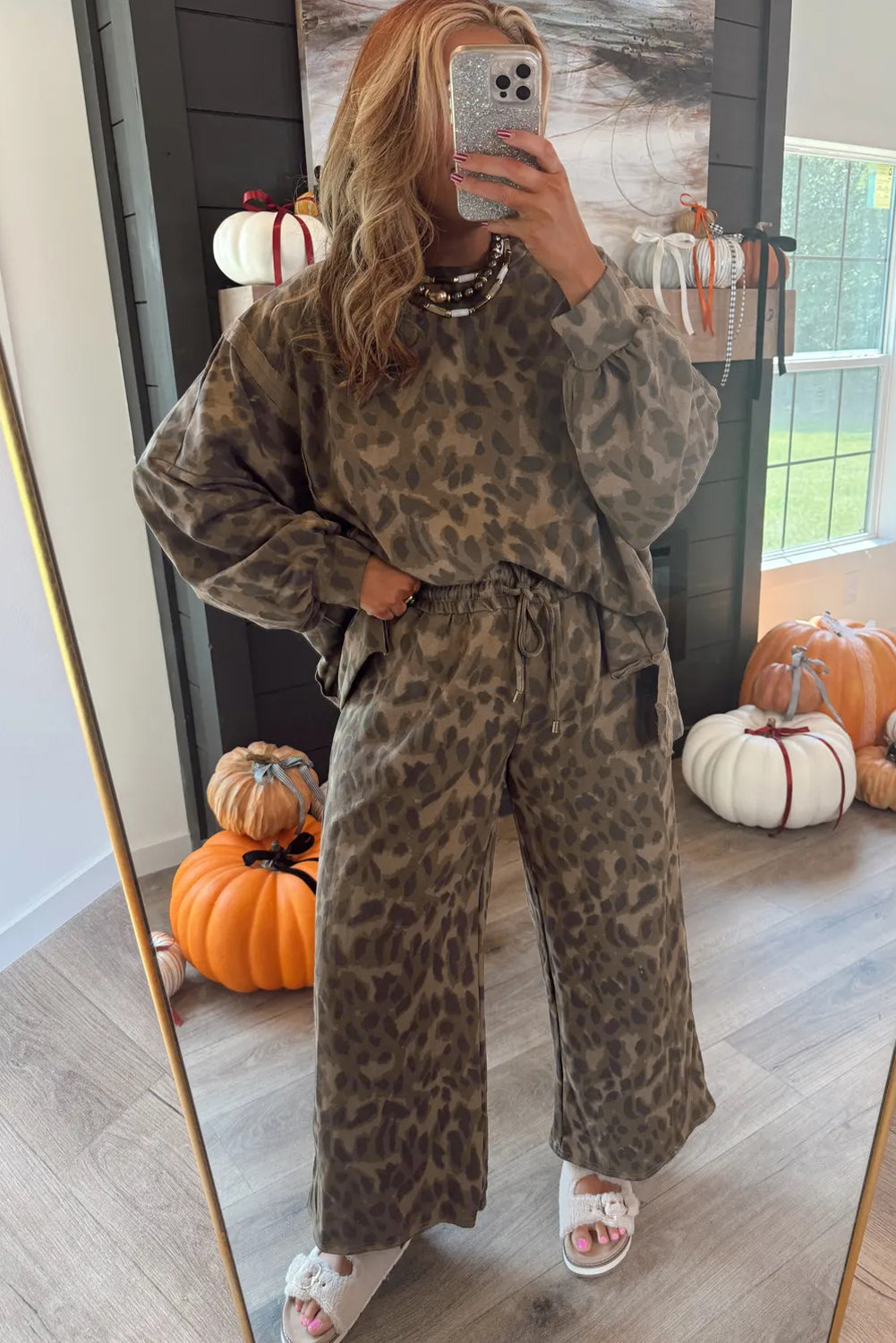 Brown Allover Leopard Print Pullover Drawstring Loose Pants Set