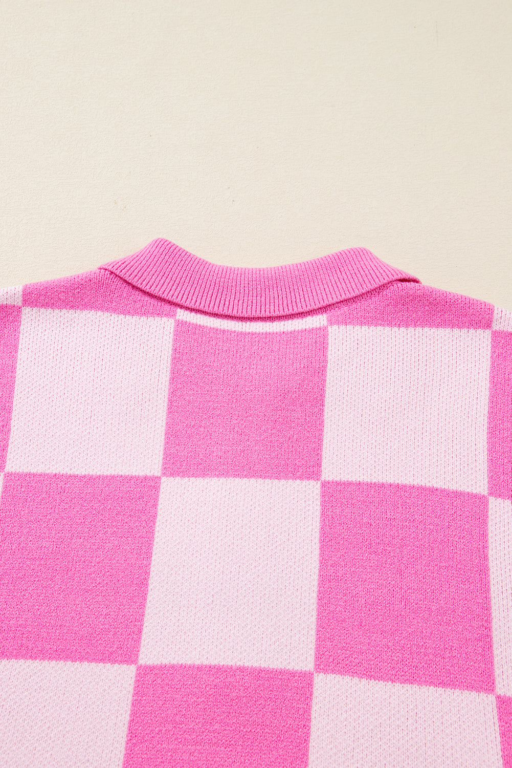 Pink Plus Size Checkered Collared Henley Sweater