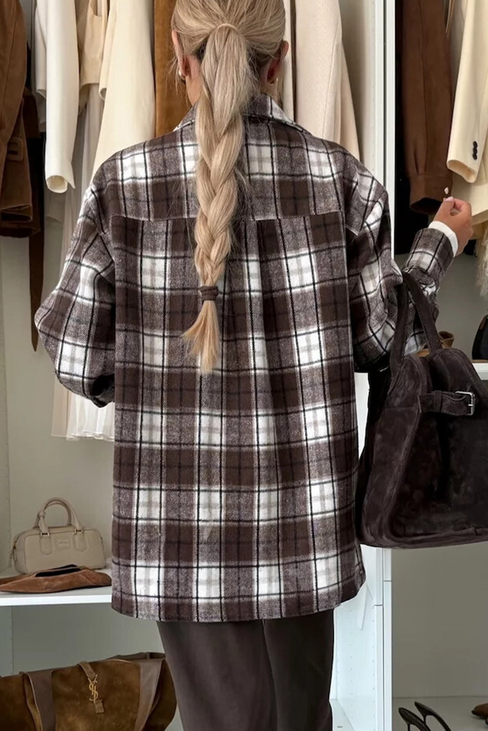 Dark Brown Flannel Plaid Chest Pocket Boyfriend Jacket