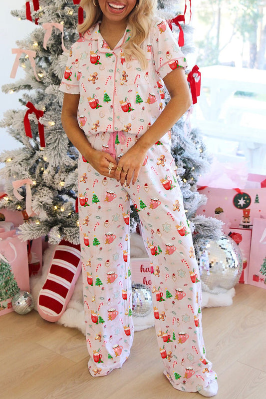 Pink Christmas Spirit Cute Holiday Print Short Sleeve Shirt and Pants Pajama Set