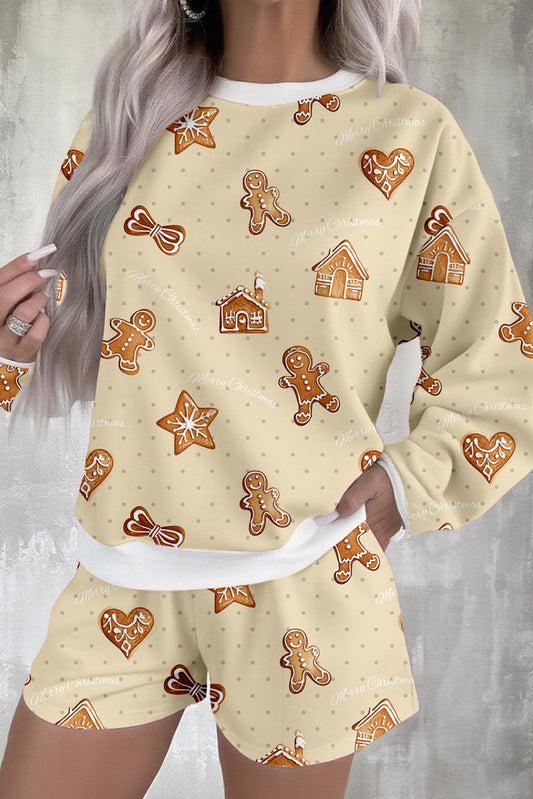 Beige Christmas Gingerbread Print Long Sleeve Pullover Shorts Holiday Pajama Set