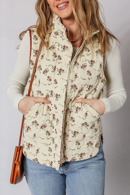 Apricot Floral Print Zip Up Quilted Warm Vest