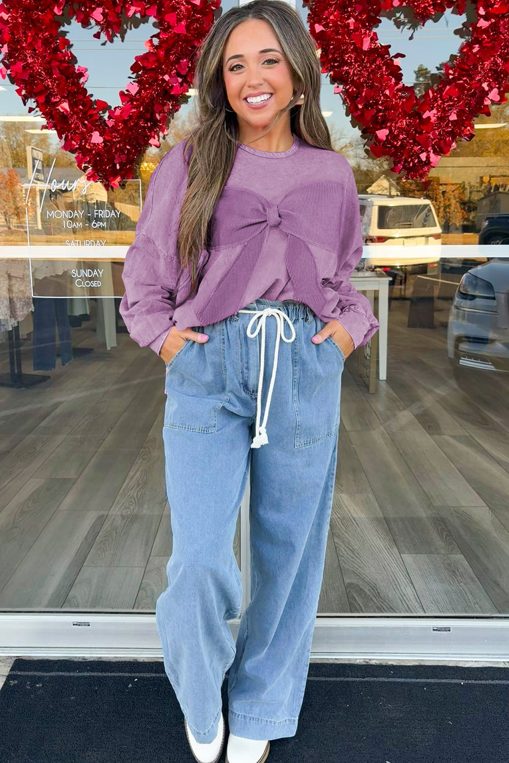 Bright Pink Mineral Wash Waffle Bow Patched Pullover Sweatshirt