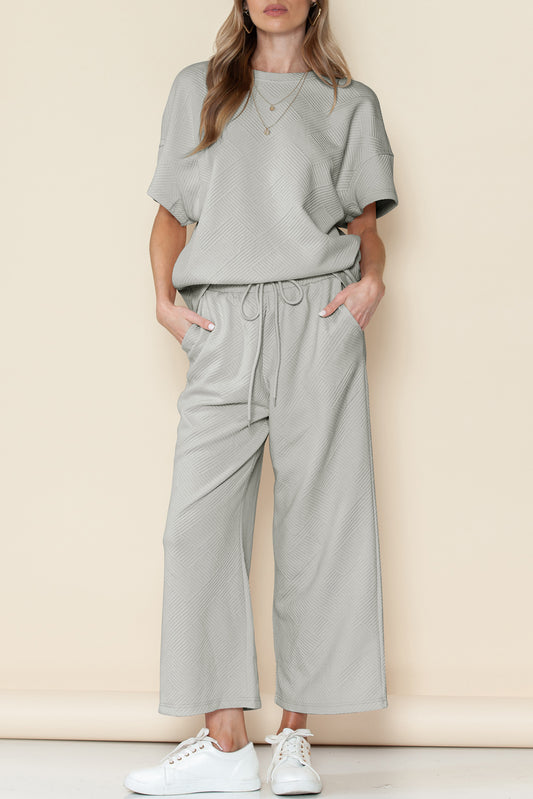 Gray Textured Loose Fit T Shirt & Drawstring Pants Set