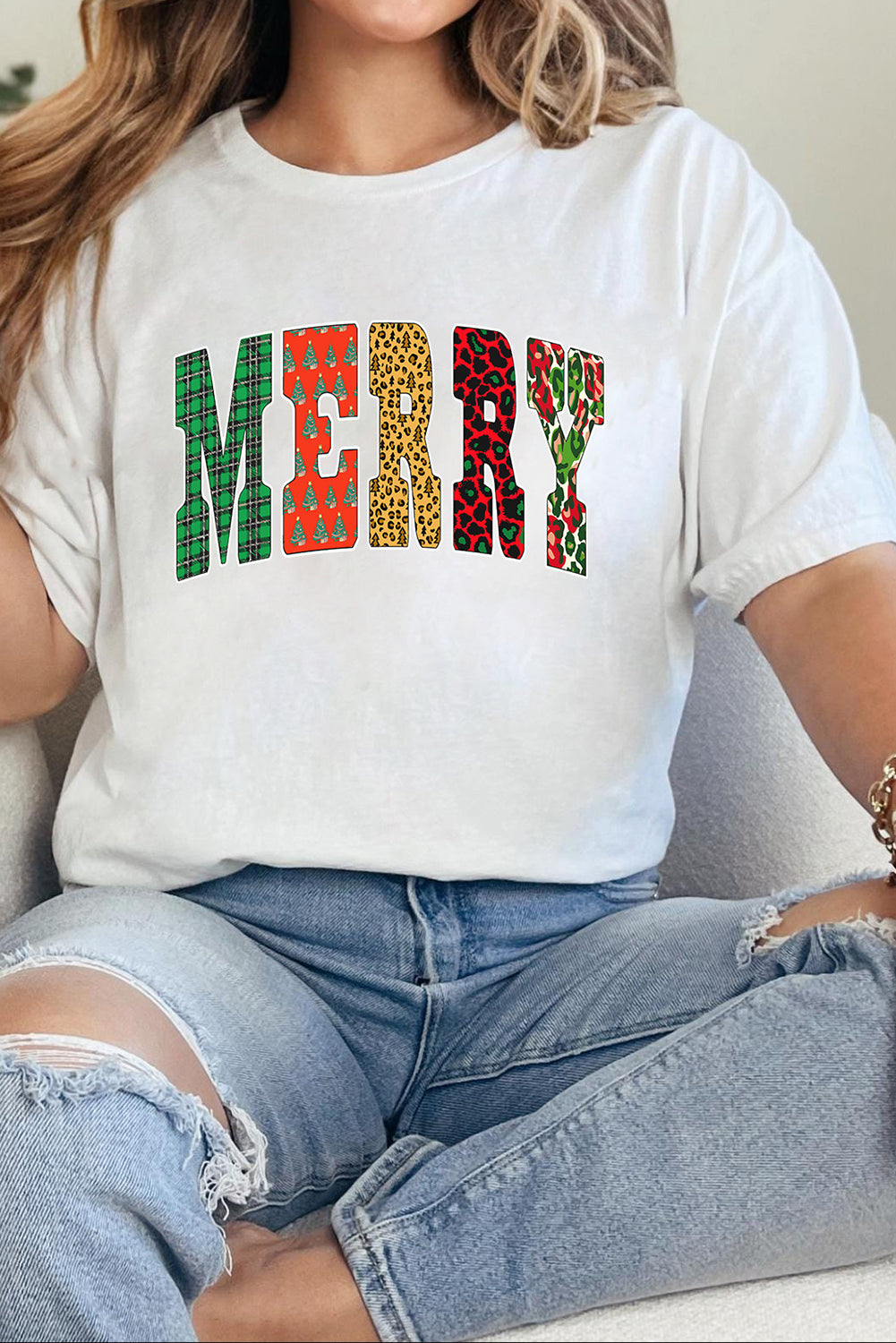 White Leopard Plaid Multi-pattern MERRY Letter Graphic Tee