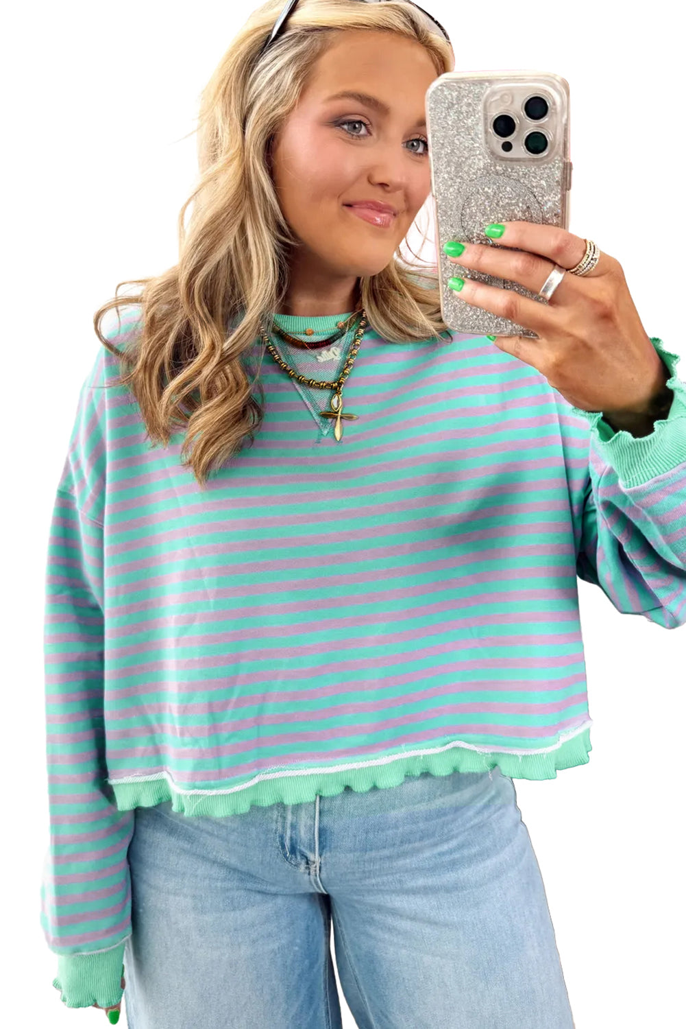 Green Stripe Exposed Seam Contrast Ribbed Trim Oversize Sweatshirt