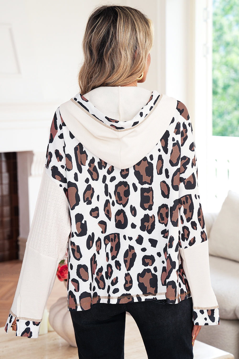 Apricot Leopard Mixed Texture Patchwork Zip Up Drop Shoulder Hoodie