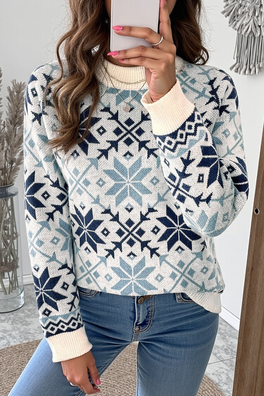Sky Blue Snowflake Geometric Pattern Fashion Sweater