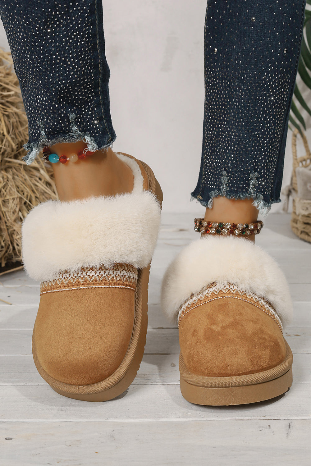 White Suede Fuzzy Winter Warm Platform Slippers