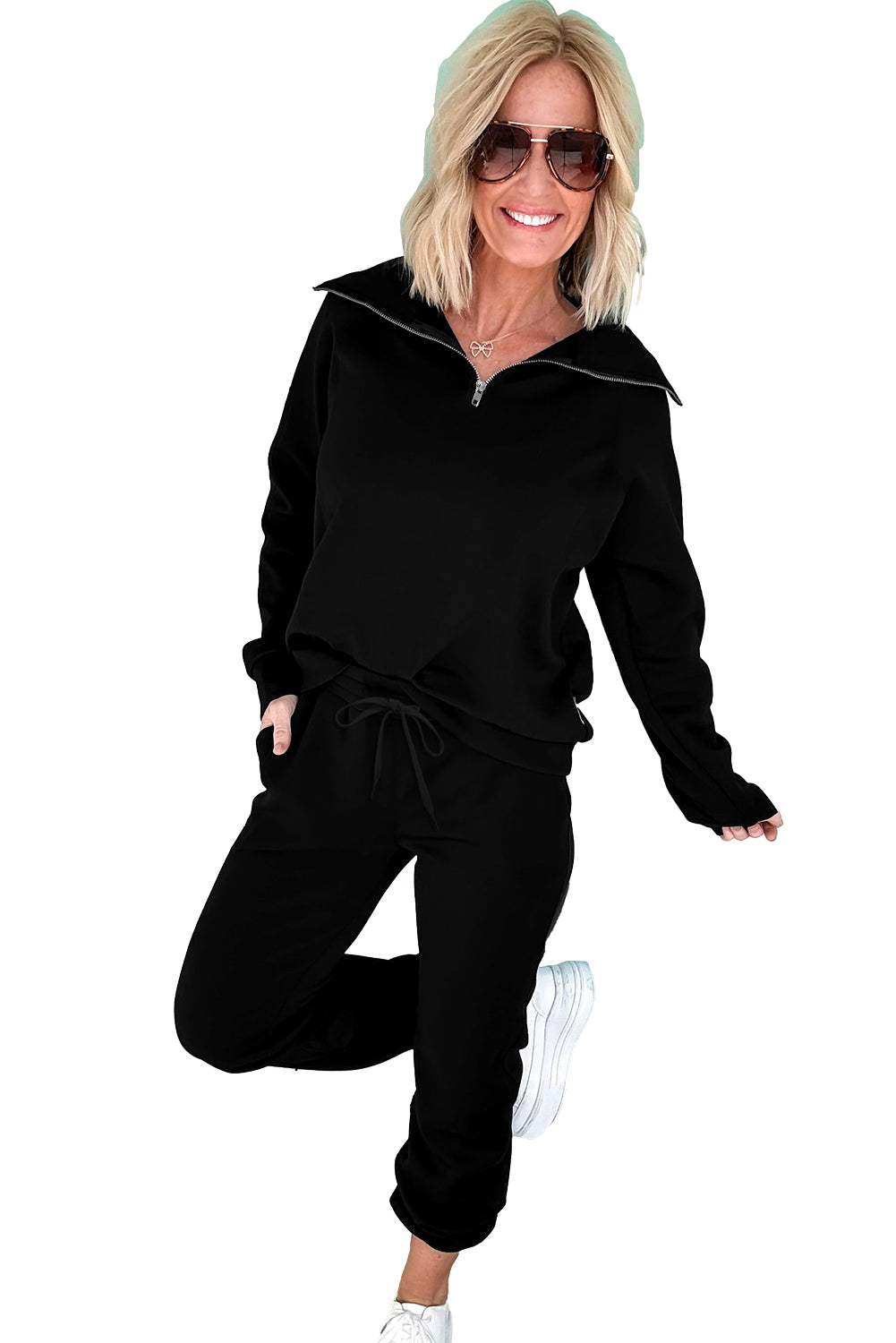 Black Zip Collar Long Sleeve Top Drawstring Pants Set