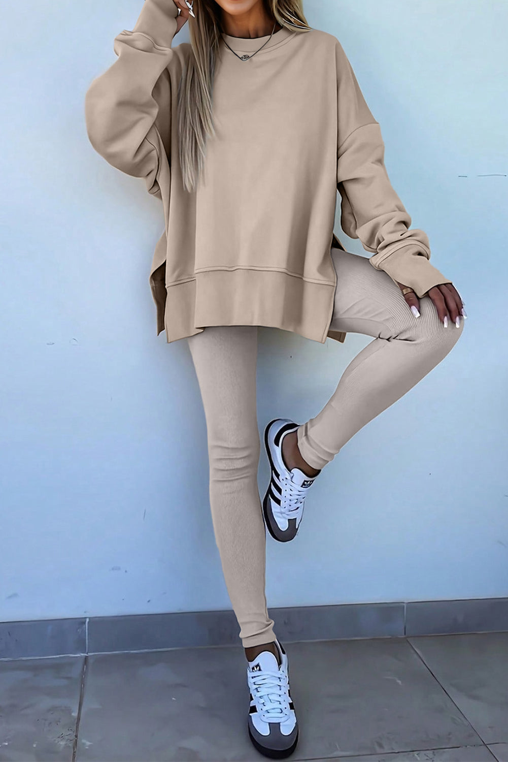 Green Bay Solid Color Oversize Slit Sweatshirt Ribbed Leggings Set