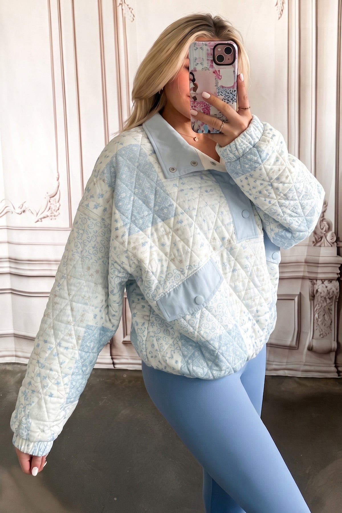 Floral Quilted Henley Pullover