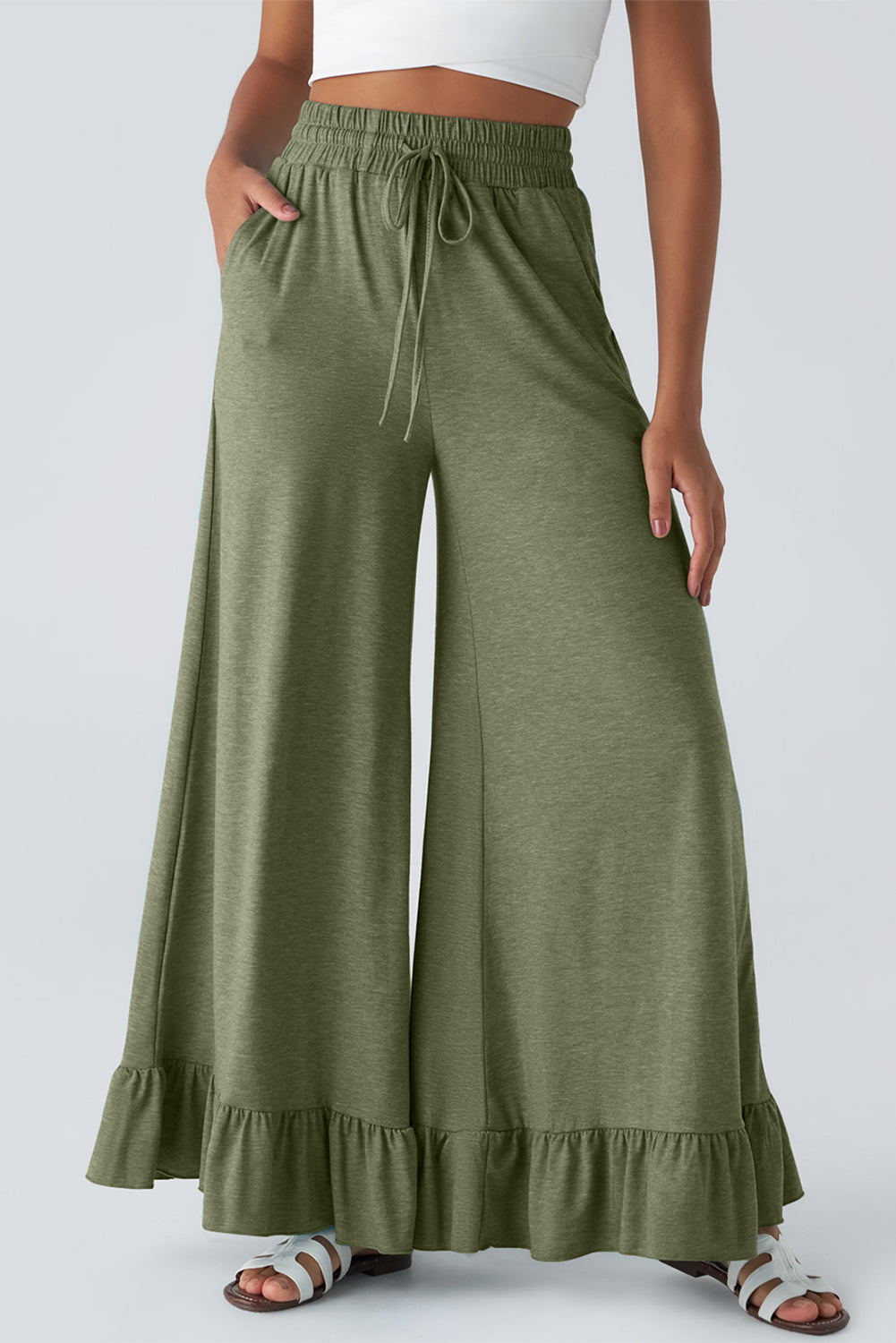 Dune Solid Color Ruffle Hem Wide Leg Pants