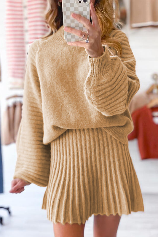 Smoke Gray Lantern Sleeve Sweater Pleated Knitted Mini Skirt Set