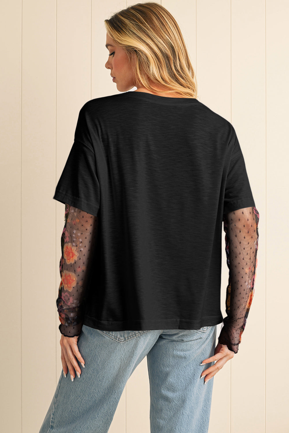 Black Floral Mesh Sleeve Fake Two-Piece Top