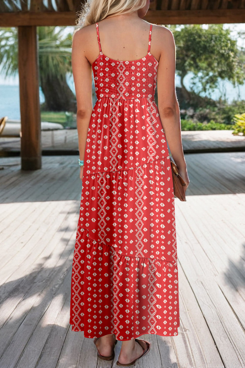 Red Boho Fashion Print Spaghetti Straps Drawstring Maxi Dress