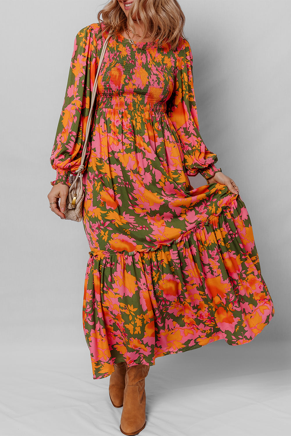 Orange Floral Puff Sleeve Smocked Bodice Frill Tiered Dress