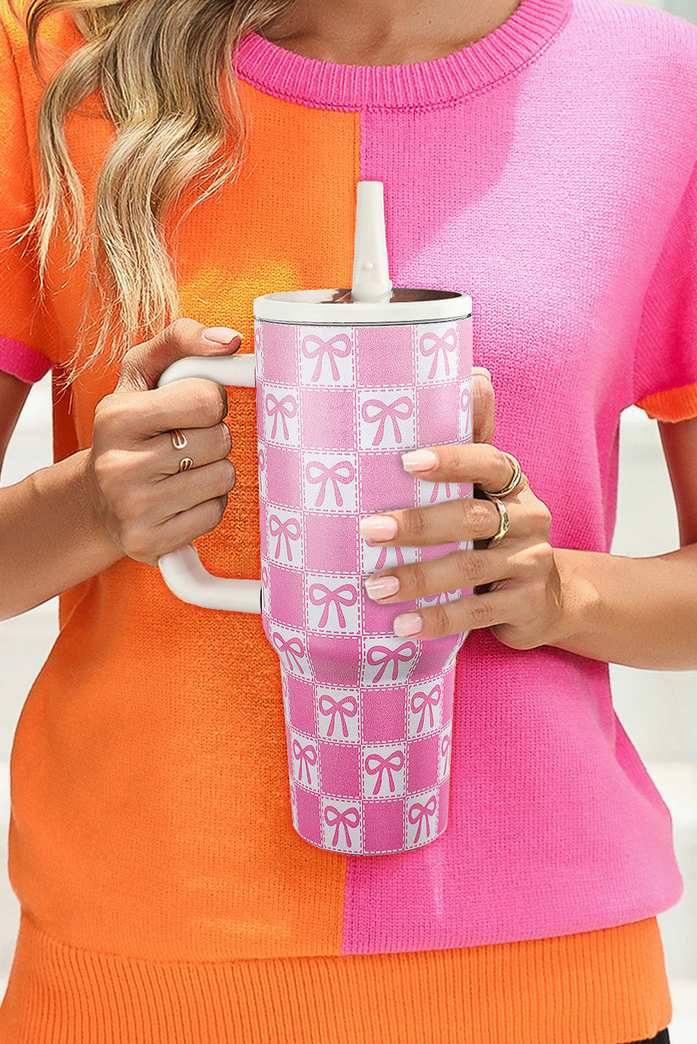 Bonbon Checkered Bow Print Tumbler Cup