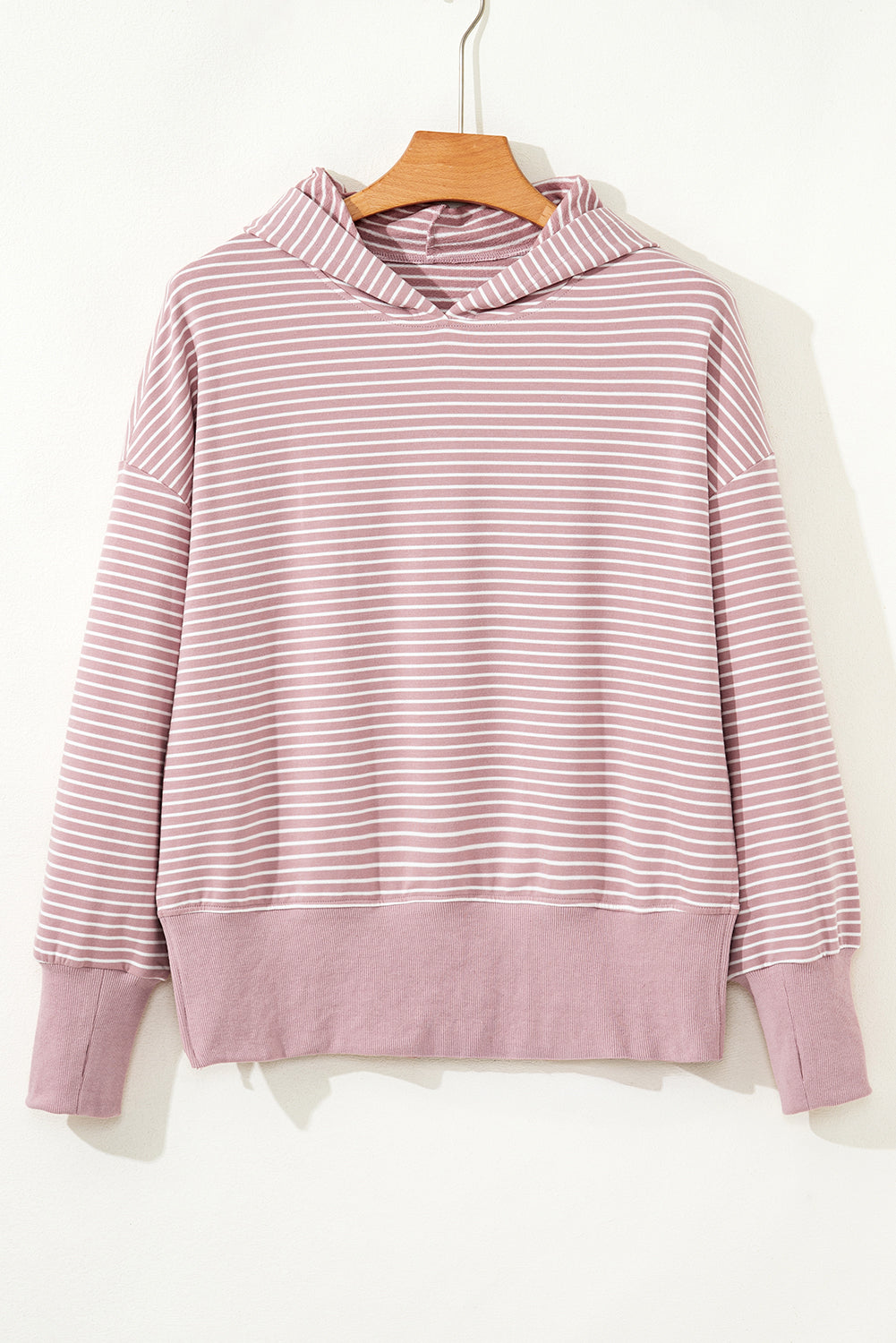 Rose Stripe Thumbhole Side Slits Drop Shoulder Loose Fit Hoodie
