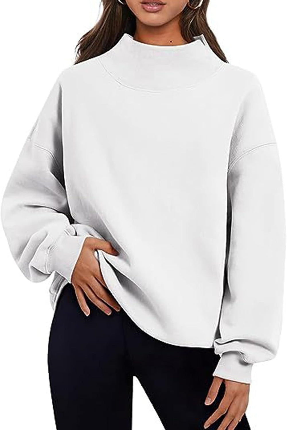Bonbon Solid Color High Neck Long Sleeve Loose Sweatshirt