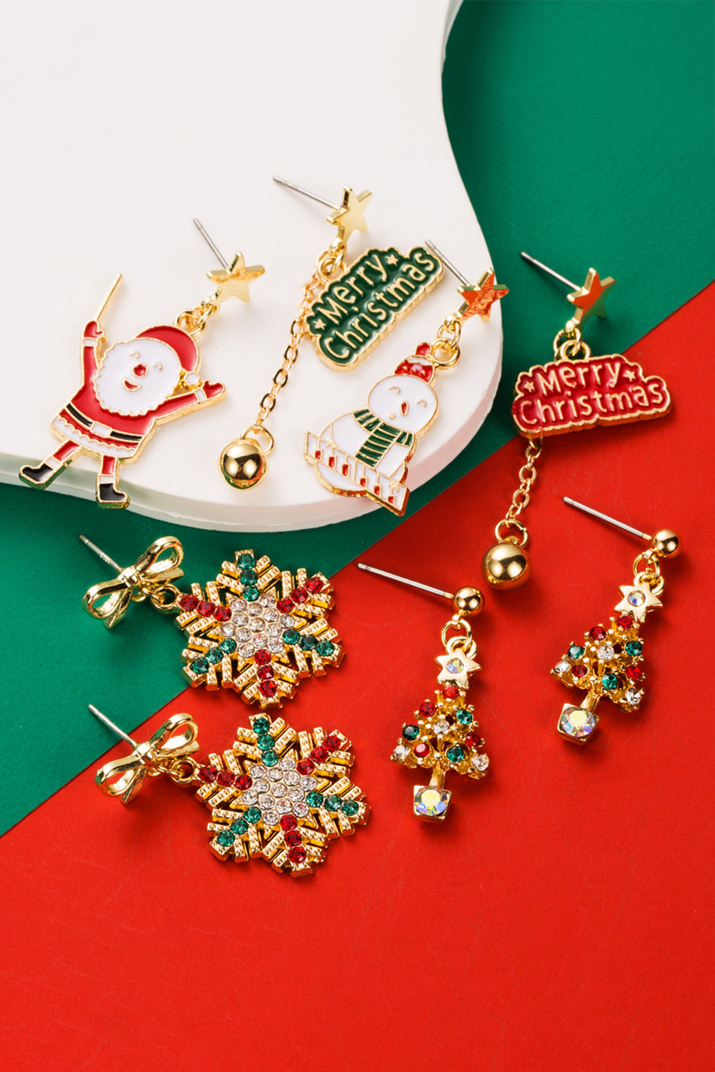 Gold Rhinestone Snowflake Bow Christmas Dangle Earrings