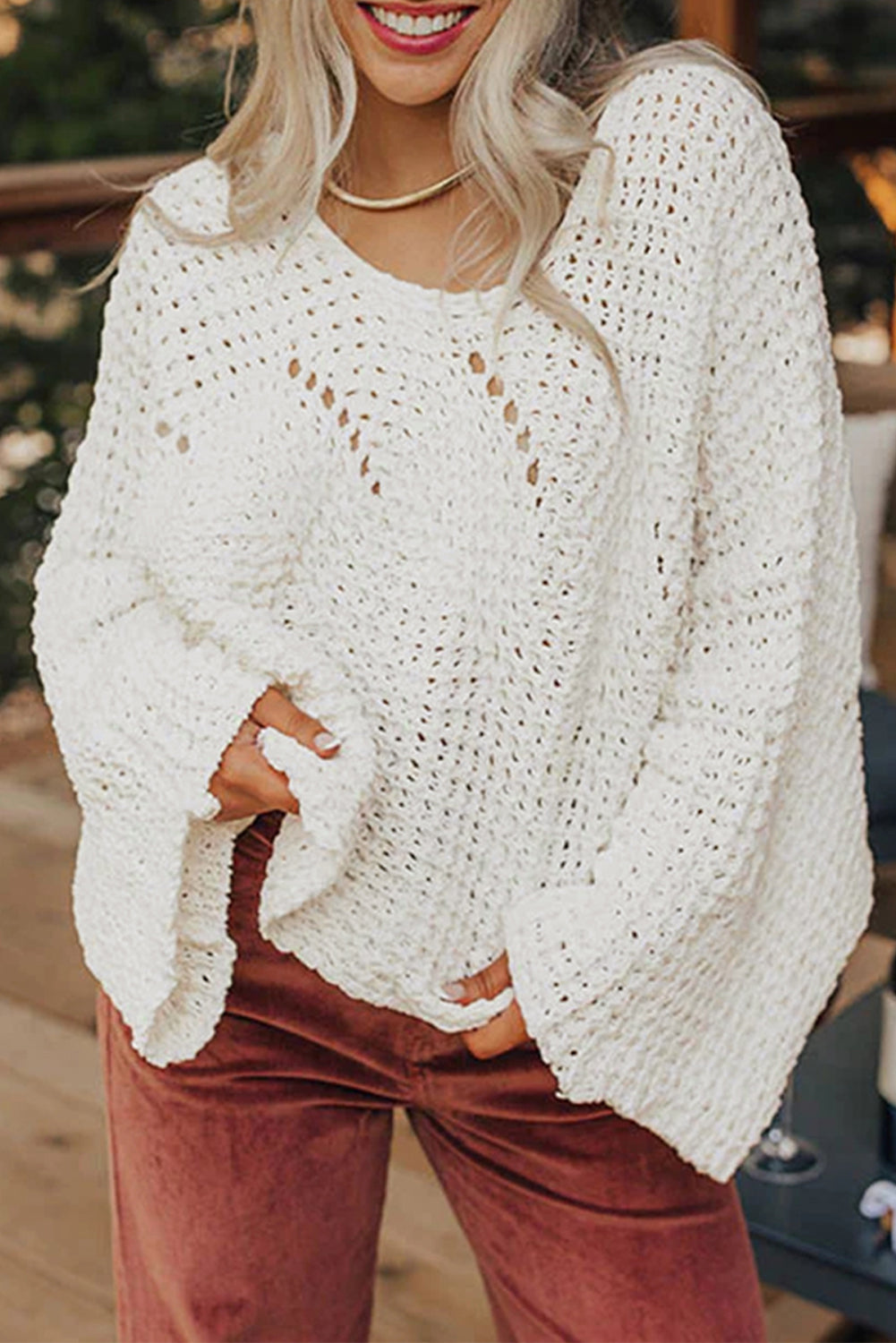 White Hollowed Detail Wide Sleeve Loose Pullover Sweater