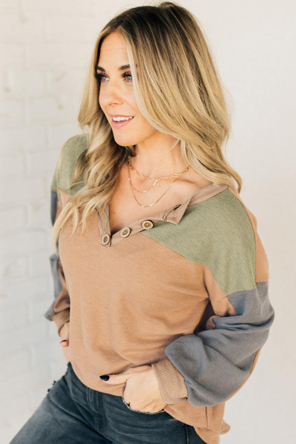 Buckskin Colorblock Thermal Waffle Knit Drop Shoulder Henley Top