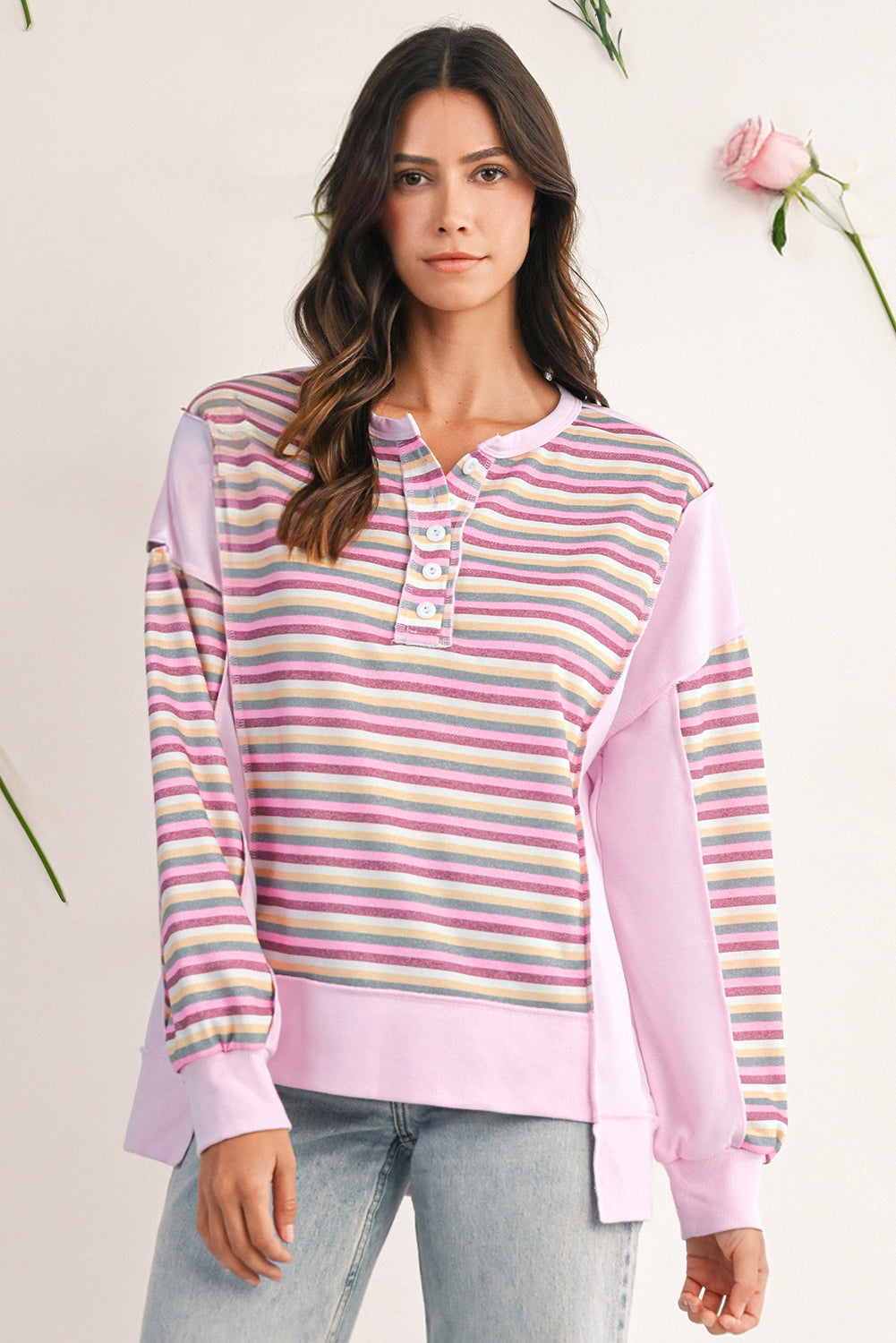 Pink Striped Patchwork Button V Neck Pullover Sweatshirt