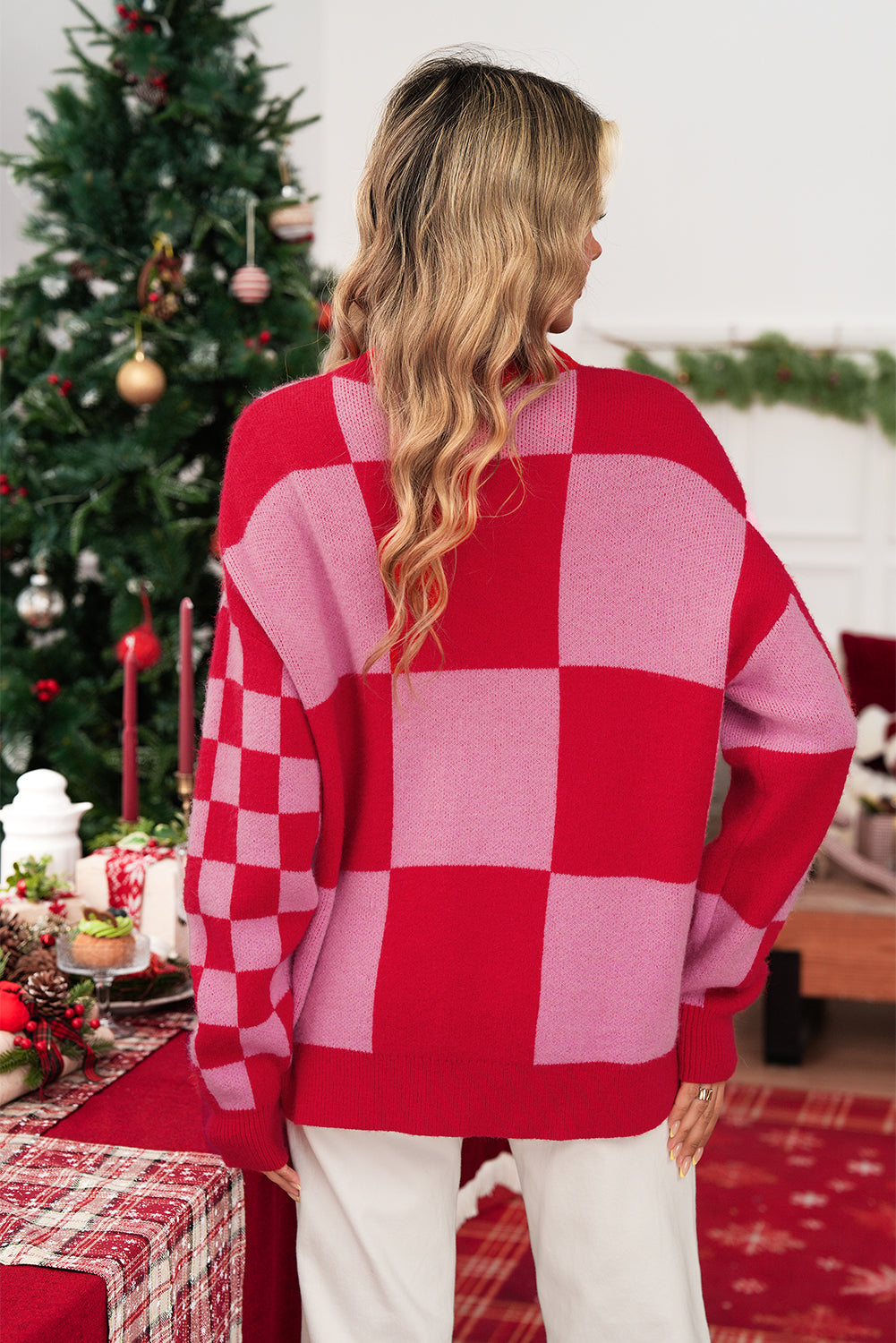 Fiery Red Colorblock Plaid Button Knit Cardigan