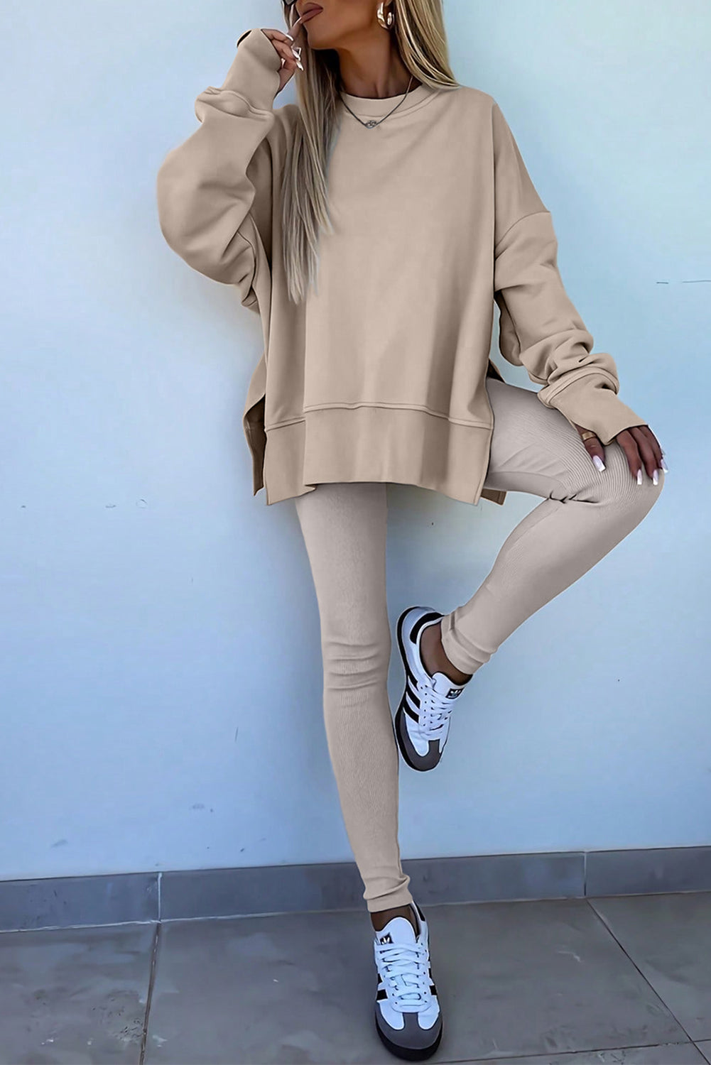 Green Bay Solid Color Oversize Slit Sweatshirt Ribbed Leggings Set