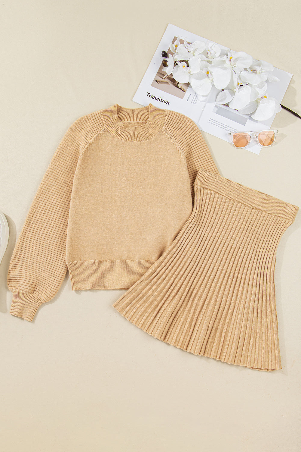 Smoke Gray Lantern Sleeve Sweater Pleated Knitted Mini Skirt Set