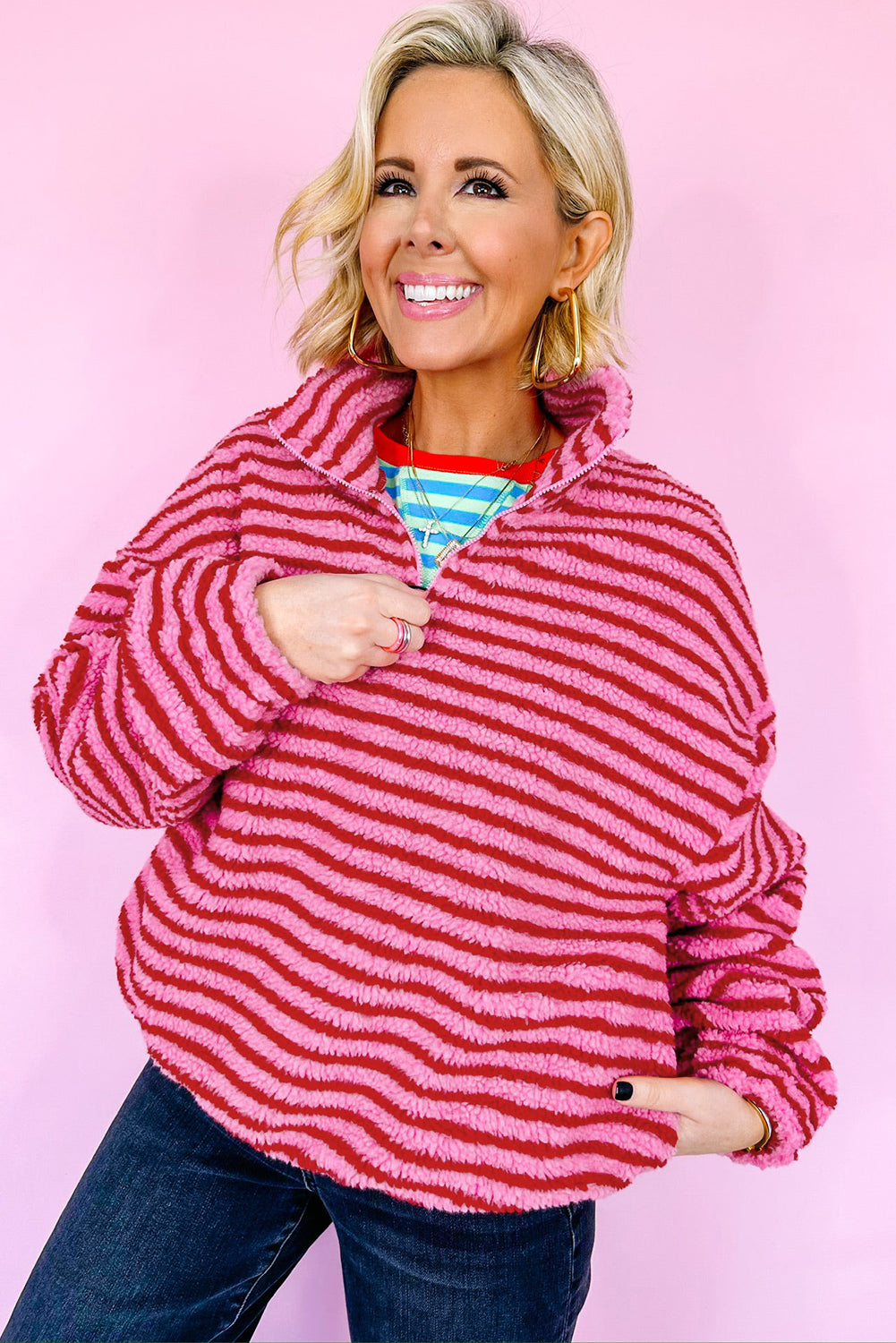 Pink Stripe Quarter Zip Fleece Oversize Sweatshirt