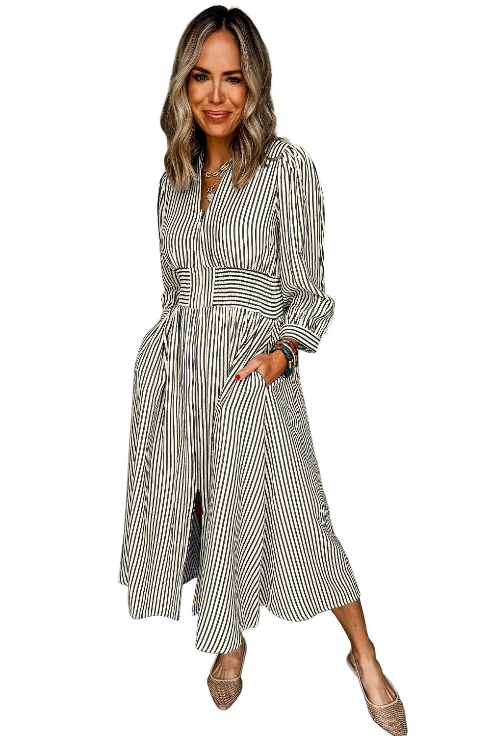 Black Striped V Neck Zip Front Cinched High Waist Midi Dress