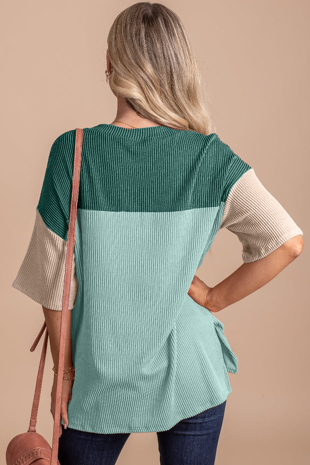 Black Color Block Ribbed Side Slits Half Sleeve Top