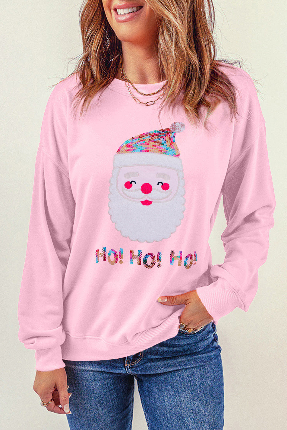 Pink HO HO HO Sequined Santa Claus Graphic Patch Application Sweatshirt