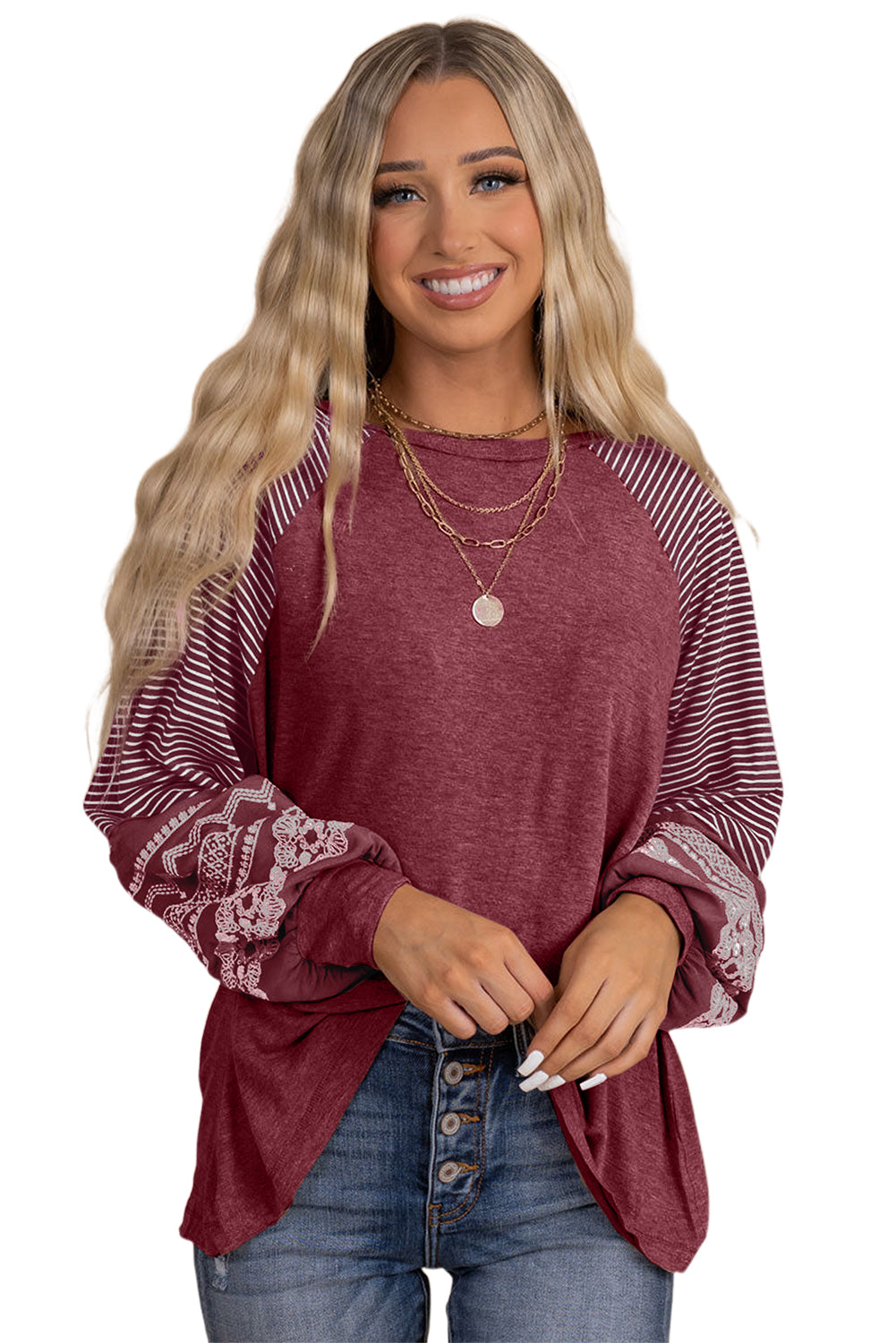 Mineral Red Contrast Print Striped Raglan Long Sleeve Loose Top