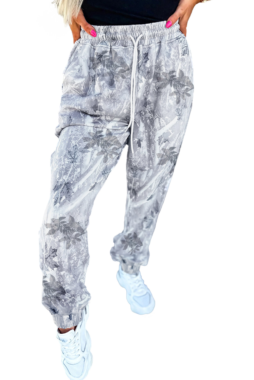 Gray Camo Print Cozy Drawstring Elastic Waist Jogger Pants
