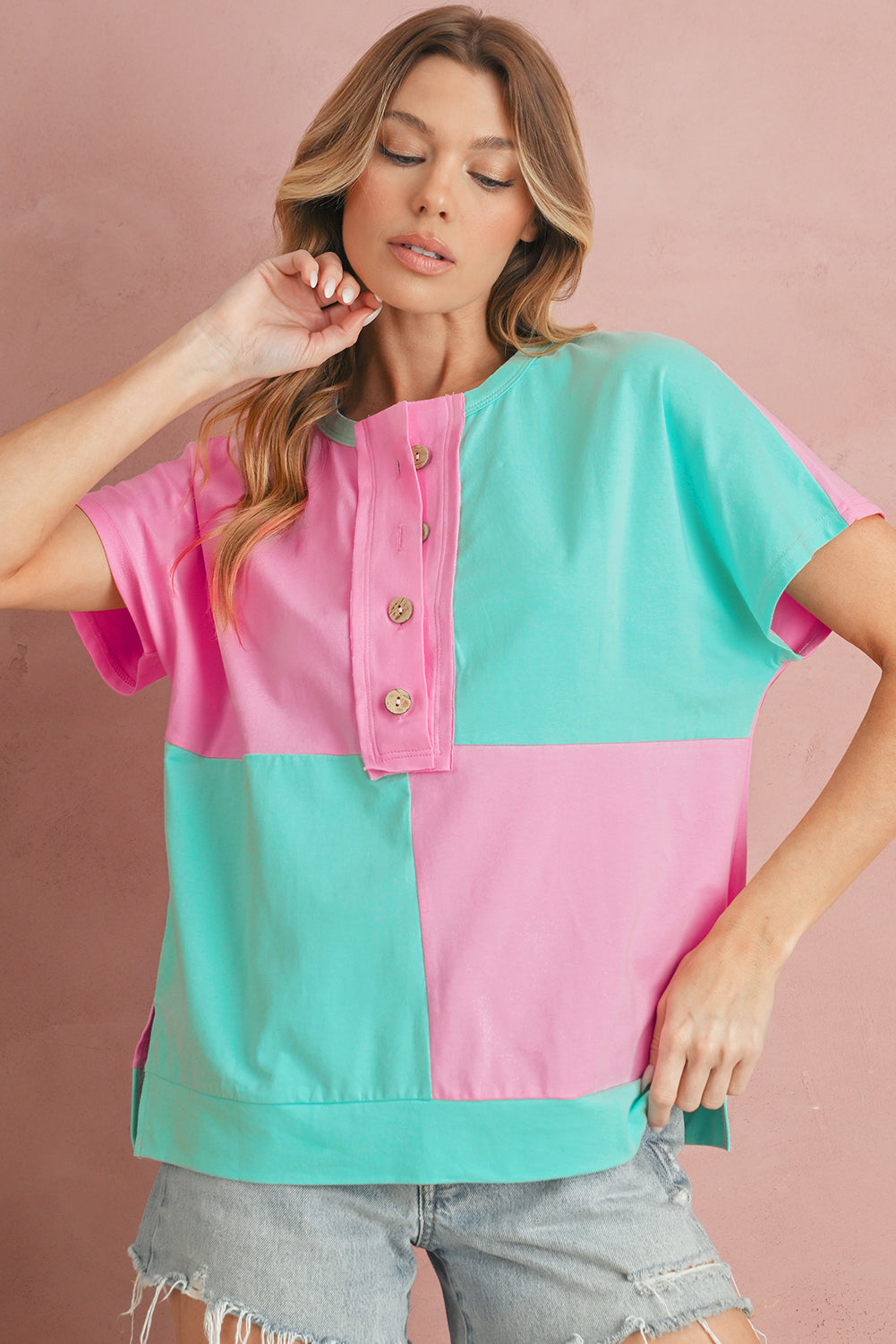 Pink Colorblock Half Buttons Henley T Shirt