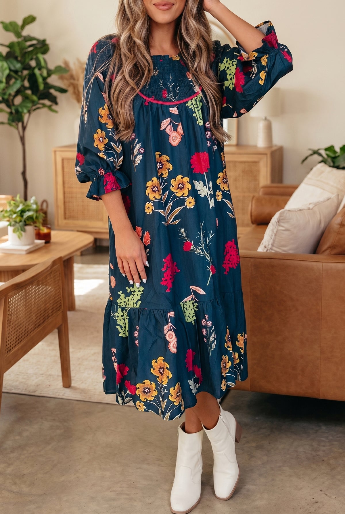 Blue Floral Midi Dress