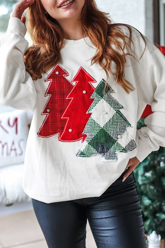 White Pearl Plaid Christmas Tree Patched Drop Shoulder Sweatshirt