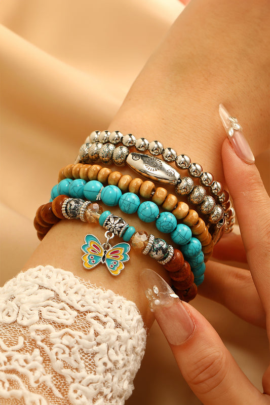 Silvery Boho Butterfly Pendant Beaded Bracelet Set
