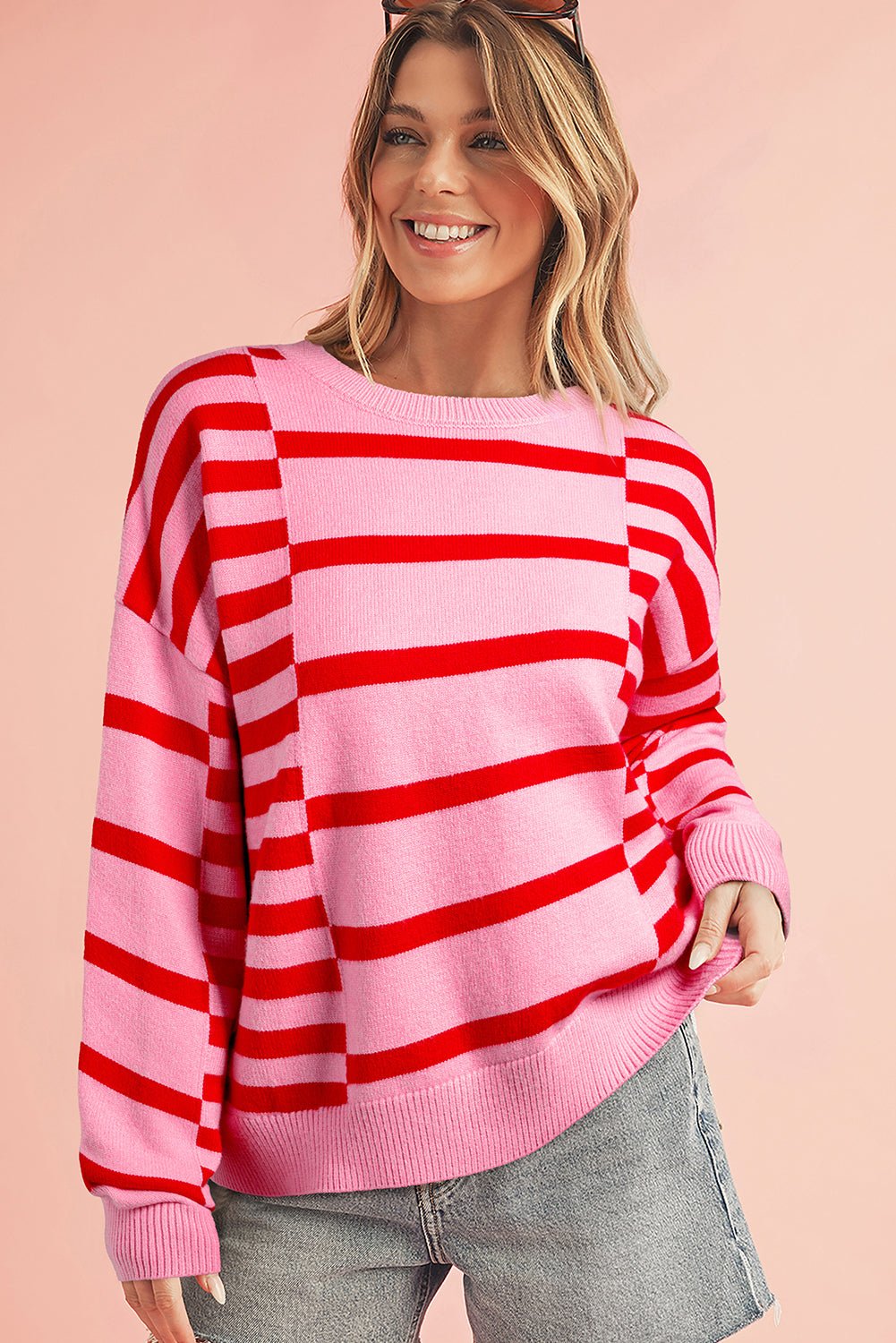 Pink Striped Crewneck Drop Sleeve Knit Sweater