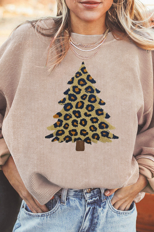 Apricot Leopard Christmas Tree Terry Flocking Corded Sweatshirt